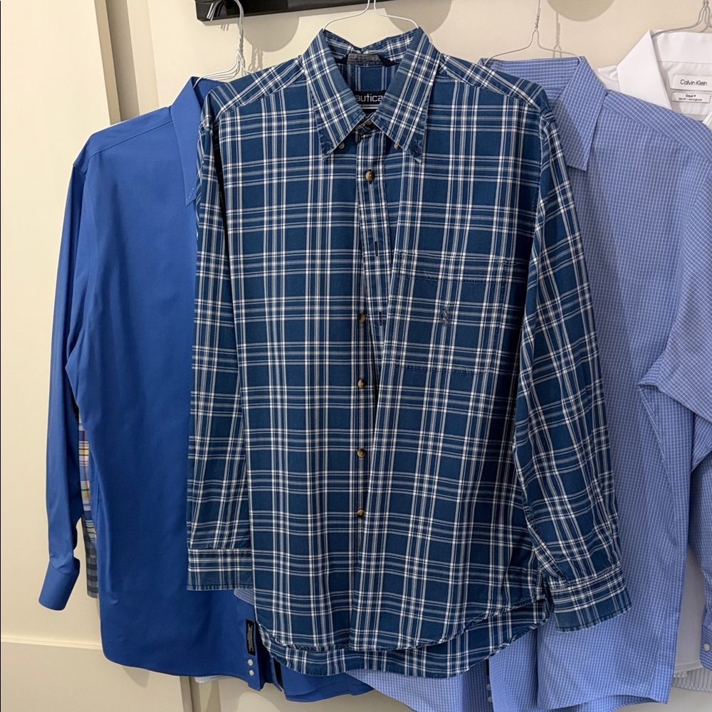 Nautica Navy and White Plaid Button-Down Shirt - Size L